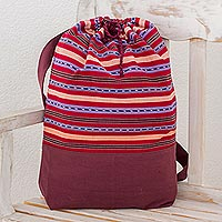 Cotton backpack, 'Expedition in Bordeaux' - Striped Cotton Backpack in Bordeaux from Guatemala