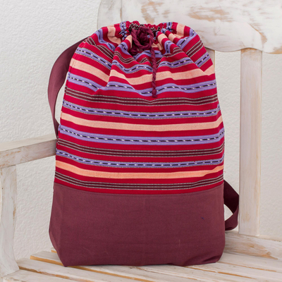 Cotton backpack, 'Expedition in Bordeaux' - Striped Cotton Backpack in Bordeaux from Guatemala