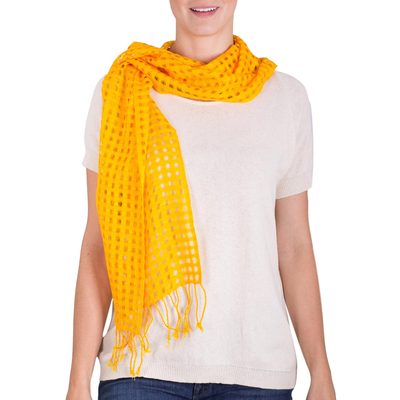Cotton scarf, 'Saffron Yellow Net' - Guatemalan Backstrap Handwoven Saffron Yellow Cotton Scarf