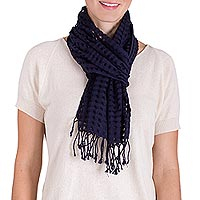 Cotton scarf, 'Midnight Blue Net' - Guatemalan Backstrap Handwoven Midnight Blue Cotton Scarf
