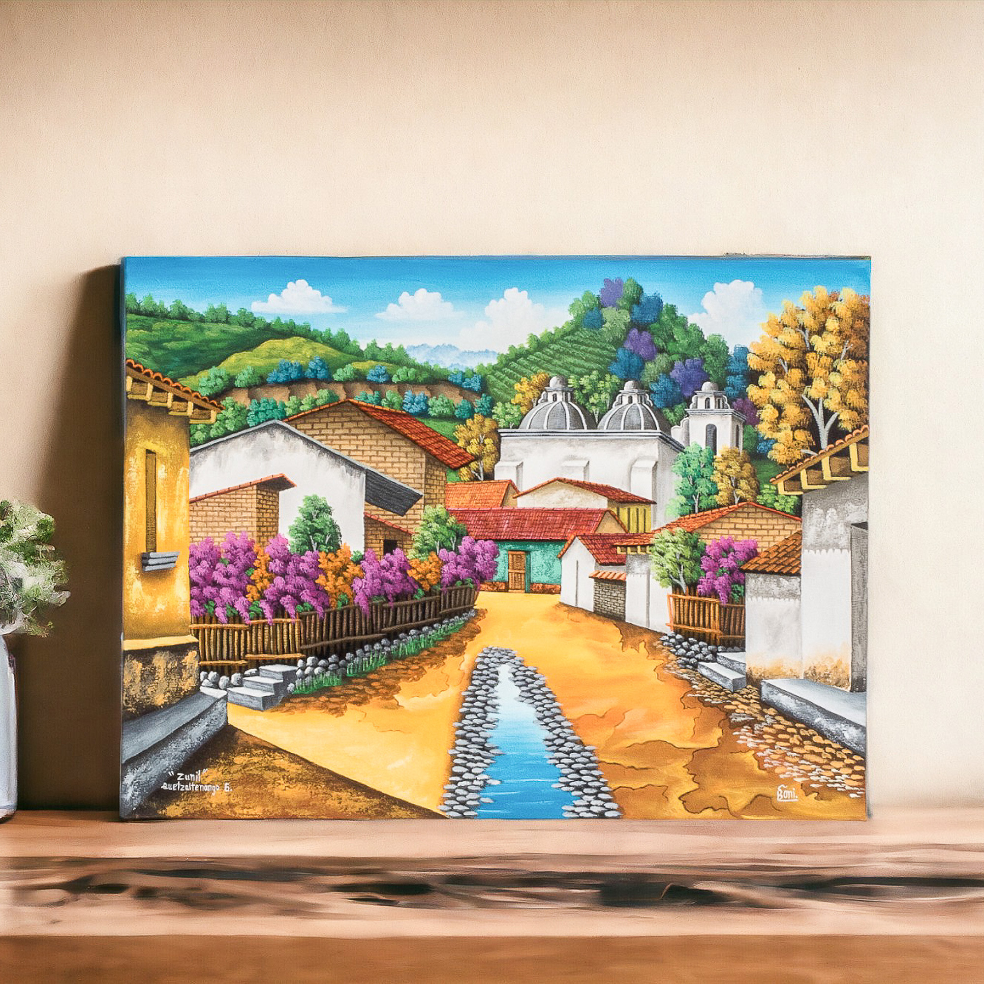Signed Oil Painting of a Town in Quetzaltenango - Zunil | NOVICA
