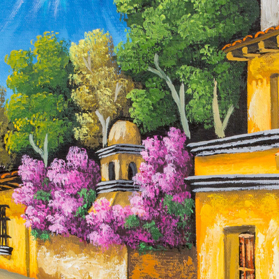 Calle Colonial - Pintura al óleo de colores de la ciudad guatemalteca de Antigua