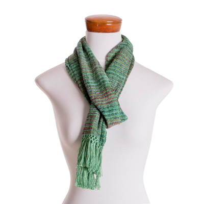 Rayon scarf, 'Sage Green Love' - Green and Purple Handwoven Striped Rayon Scarf