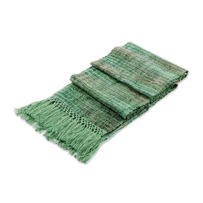 Rayon chenille scarf, 'Sage Green Love' - Green and Purple Handwoven Striped Rayon Chenille Scarf