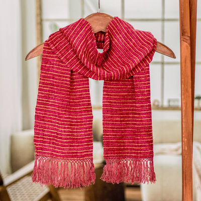 Rayon chenille scarf, 'Aurora Red Love' - Red and Tangerine Rayon Chenille Scarf Woven in Guatemala