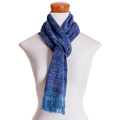 Handwoven Blue Variegated Wool and Rayon Scarf