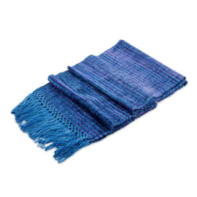 Rayon scarf, 'Pacific Love' - Pacific Blue Purple Stripes Handwoven Rayon Scarf