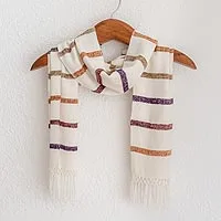 Rayon scarf, 'Autumn Memories' - Striped Rayon Wrap Scarf in White from Guatemala