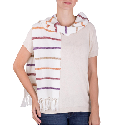 Rayon scarf, 'Autumn Memories' - Striped Rayon Wrap Scarf in White from Guatemala