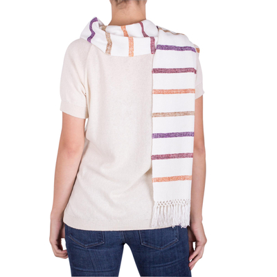 Rayon scarf, 'Autumn Memories' - Striped Rayon Wrap Scarf in White from Guatemala