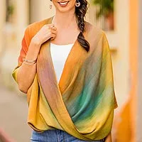 Rayon poncho, 'Autumnal Charm' - Asymmetrical Hand Woven Rayon Poncho from Guatemala