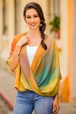 Rayon poncho, 'Rainbow Charm' - Asymmetrical Hand Woven Rayon Poncho from Guatemala