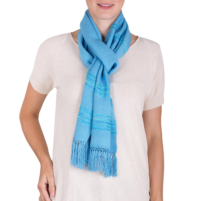 Rayon scarf, 'Mystic Maya Sky' - Handwoven Blue and Turquoise Rayon Fiber Scarf