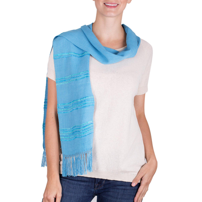 Rayon-Schal - Handgewebter Schal aus blauer und türkiser Viskosefaser