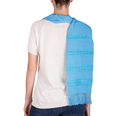 Rayon scarf, 'Mystic Maya Sky' - Handwoven Blue and Turquoise Rayon Fiber Scarf