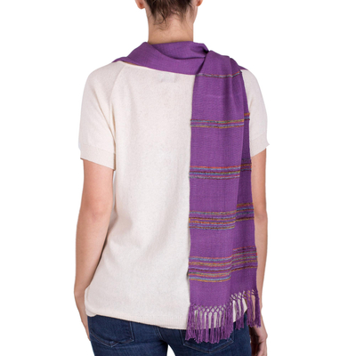 Rayon scarf, 'Mystic Maya Orchids' - Purple Rayon Backstrap Loom Handwoven Scarf