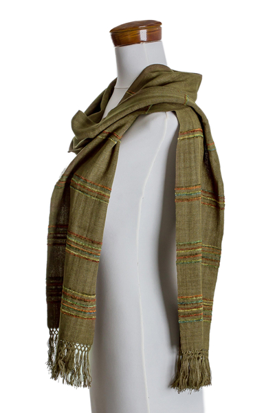 Rayon scarf, 'Mystic Maya Olive Grove' - Olive Green Backstrap Loom Handwoven Rayon Scarf