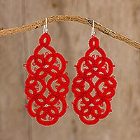 Hand-tatted dangle earrings, 'Red Petals Entwined' - Hand-Tatted Dangle Earrings in Aurora Red from Guatemala