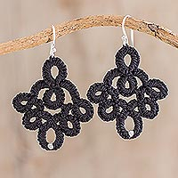 Hand-tatted dangle earrings, 'Ebony Lace' - Hand-Tatted Black Lace Earrings with Silver Accents