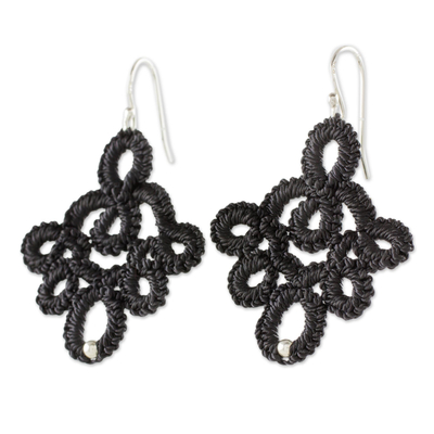 Hand-Tatted Black Lace Earrings with Silver Accents - Ebony Lace | NOVICA