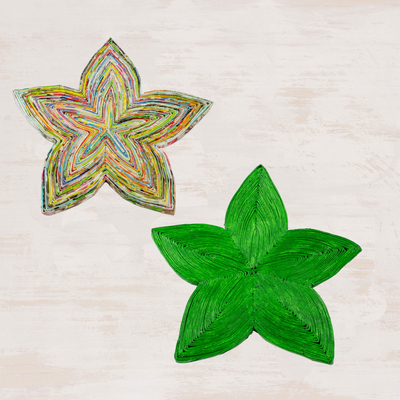 Recycled paper trivets, 'Stellar Beauty in Green' (pair) - Two Star-Shaped Recycled Paper Trivets from Guatemala