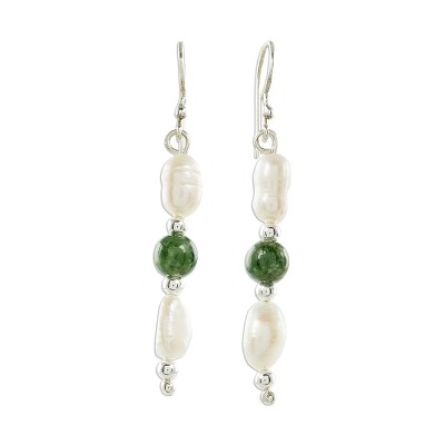 Jade and cultured pearl dangle earrings, 'Fascinating Elegance' - Jade and Pearl Dangle Earrings from Guatemala