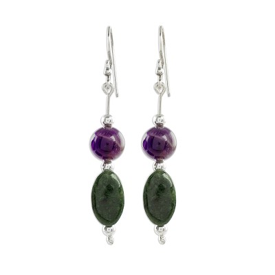 Jade and amethyst dangle earrings, 'Natural Fields' - Jade and Amethyst Dangle Earrings from Guatemala