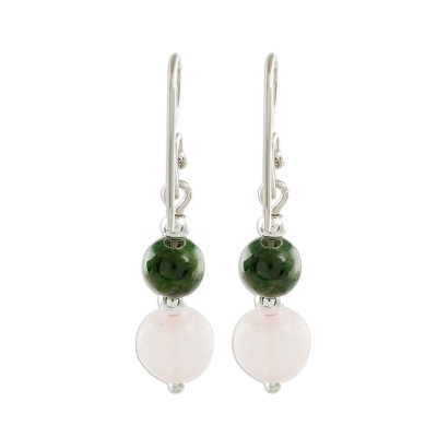 Jade and rose quartz dangle earrings, 'Fantastic Combination' - Jade and Rose Quartz Dangle Earrings from Guatemala