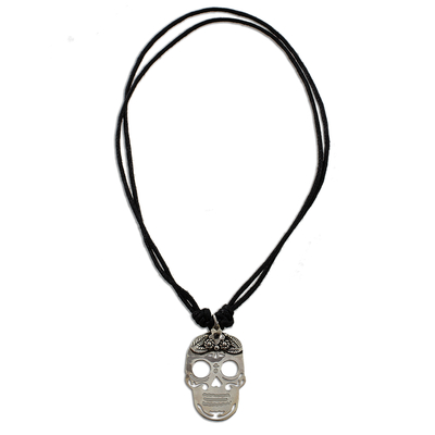 Collar colgante de plata esterlina - Collar de cordón de algodón negro con colgante de calavera en plata de primera ley