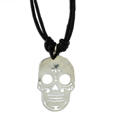 Sterling silver pendant necklace, 'Lovely Catrina' - Sterling Silver Skull Pendant Black Cotton Cord Necklace