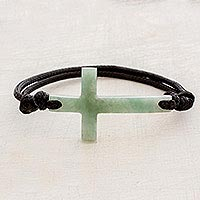 Jade pendant bracelet, 'Maya Faith in Apple Green' - Cross-Shaped Apple Green Jade Bracelet from Guatemala