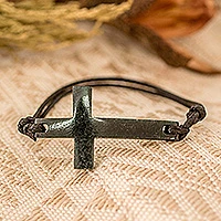 Jade pendant bracelet, 'Maya Faith in Dark Green' - Cross-Shaped Dark Green Jade Bracelet from Guatemala