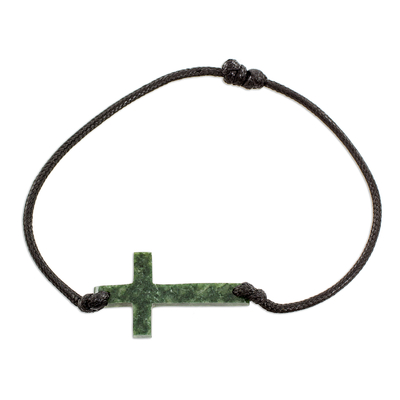 Jade pendant bracelet, 'Maya Faith in Dark Green' - Cross-Shaped Dark Green Jade Bracelet from Guatemala