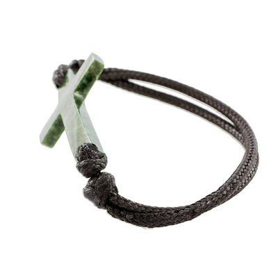 Jade pendant bracelet, 'Maya Faith in Dark Green' - Cross-Shaped Dark Green Jade Bracelet from Guatemala