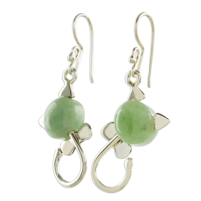 Jade dangle earrings, 'Small Felines in Light Green' - Cat-Shaped Jade Earrings in Light Green from Guatemala