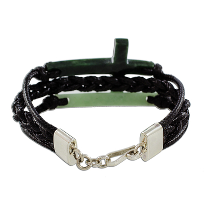 Jade pendant bracelet, 'Heavenly Cross in Dark Green' - Jade Cross Bracelet in Dark Green from Guatemala