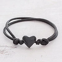 Jade pendant bracelet, 'Maya Romance in Black' - Heart-Shaped Jade Pendant Bracelet in Black from Guatemala