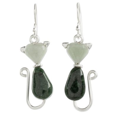 Jade dangle earrings, 'Cats of Love' - Two-Tone Jade Cat Dangle Earrings from Guatemala