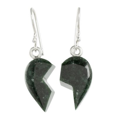Jade dangle earrings, 'Love Together in Dark Green' - Dark Green Jade Heart Puzzle Dangle Earrings from Guatemala