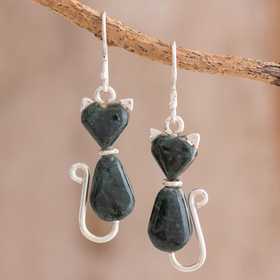 Jade dangle earrings, 'Cats of Love in Dark Green' - Jade Cat Dangle Earrings in Dark Green from Guatemala