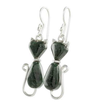 Jade dangle earrings, 'Cats of Love in Dark Green' - Jade Cat Dangle Earrings in Dark Green from Guatemala