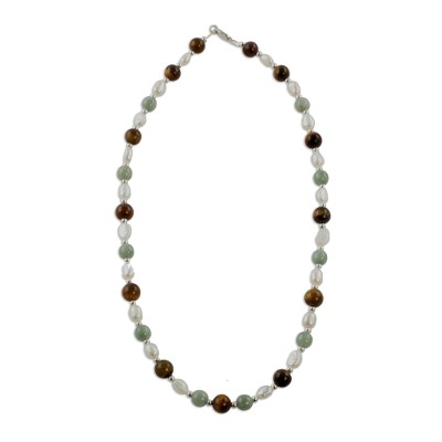 Multi-gemstone beaded necklace, 'Fertile Land' - Jade Tiger's Eye and Pearl Beaded Necklace from Guatemala