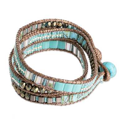 Glass beaded wrap bracelet, 'Mayan Monolith' - Glass Beaded Wrap Bracelet in Turquoise from Guatemala