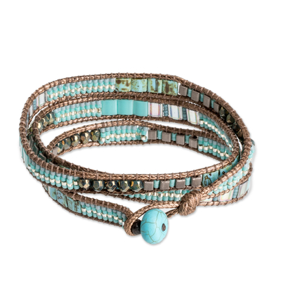 Glass beaded wrap bracelet, 'Mayan Monolith' - Glass Beaded Wrap Bracelet in Turquoise from Guatemala