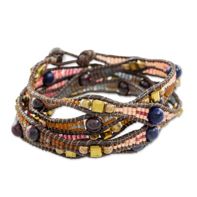 Garnet and lapis lazuli beaded wrap bracelet, 'Stones of Destiny' - Garnet and Lapis Lazuli Beaded Wrap Bracelet from Guatemala