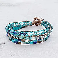 Glass beaded wristband bracelet, 'Pools of the City' - Glass Beaded Wristband Bracelet in Blue from Guatemala