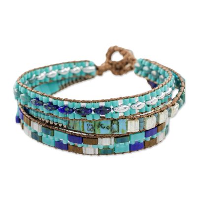 Glass beaded wristband bracelet, 'Pools of the City' - Glass Beaded Wristband Bracelet in Blue from Guatemala