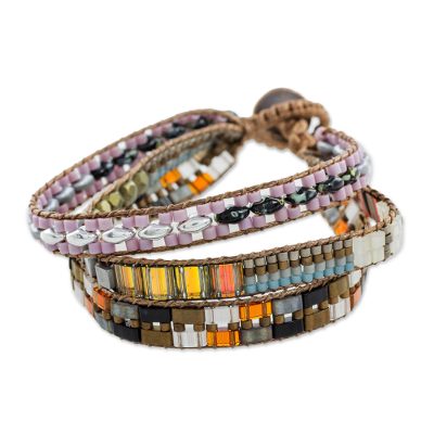 Glass beaded wristband bracelet, 'Flowers of the City' - Handcrafted Glass Beaded Wristband Bracelet from Guatemala