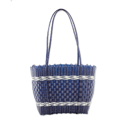 Recycled plastic shoulder bag, 'Profound Midnight' - Handmade Striped Plastic Handbag in Midnight from Guatemala