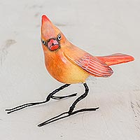 Handmade Cardinal Clay Bird Figurine from Guatemala,'Cardinal Beauty'